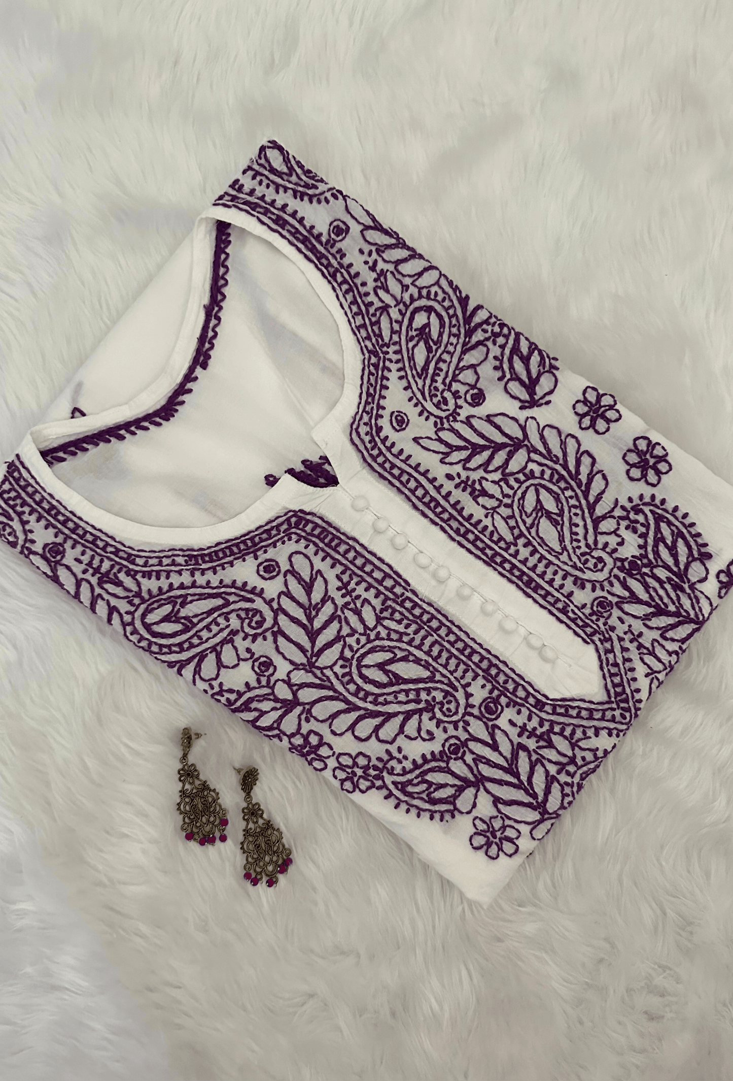 Maahi - White & Purple Hand Embroidered Cotton Chikankari - Kurta