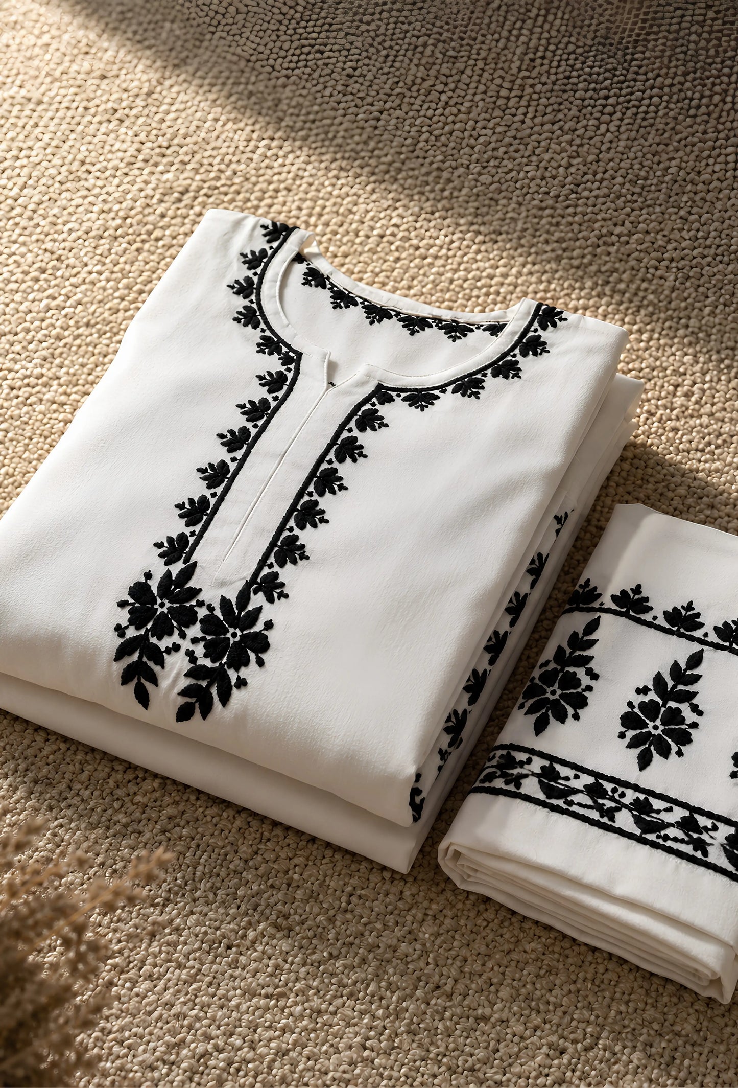 Handcrafted Chikankari Cotton Coord Set - White & Black