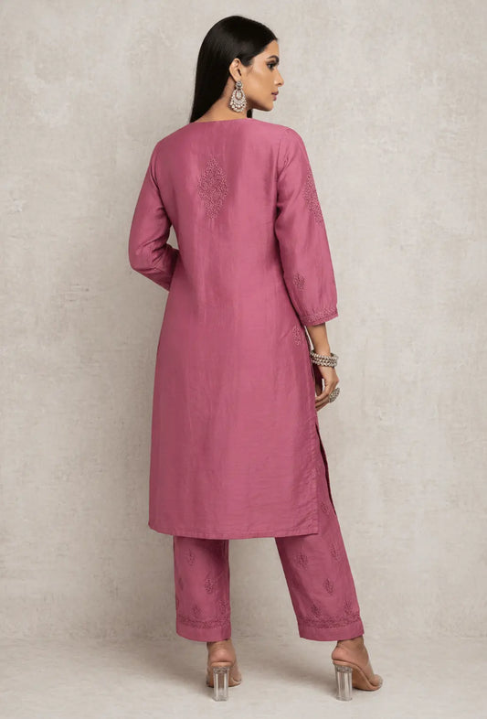 Chanderi Chikankari Hand Embroidered Kurta Set - Pink