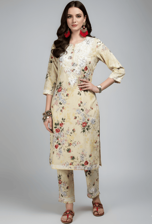NAQSH Cotton Chikankari Hand Embroidered Women's Kurta Set - Yellow