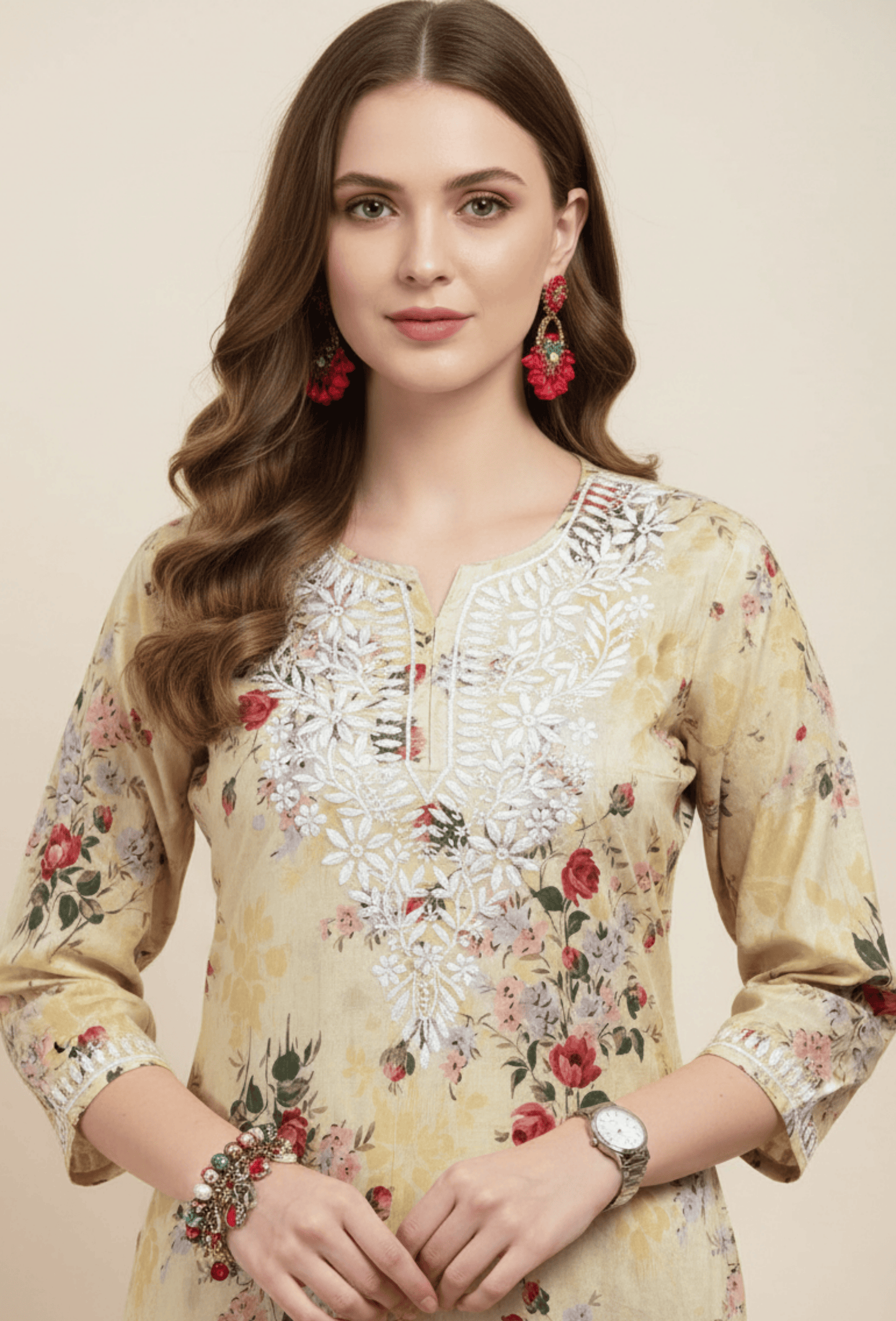 NAQSH Cotton Chikankari Hand Embroidered Women's Kurta Set - Yellow