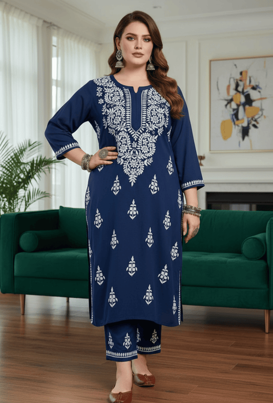 Plus Size - Navy Blue - Flowy Cotton Kurta & Palazzo Set