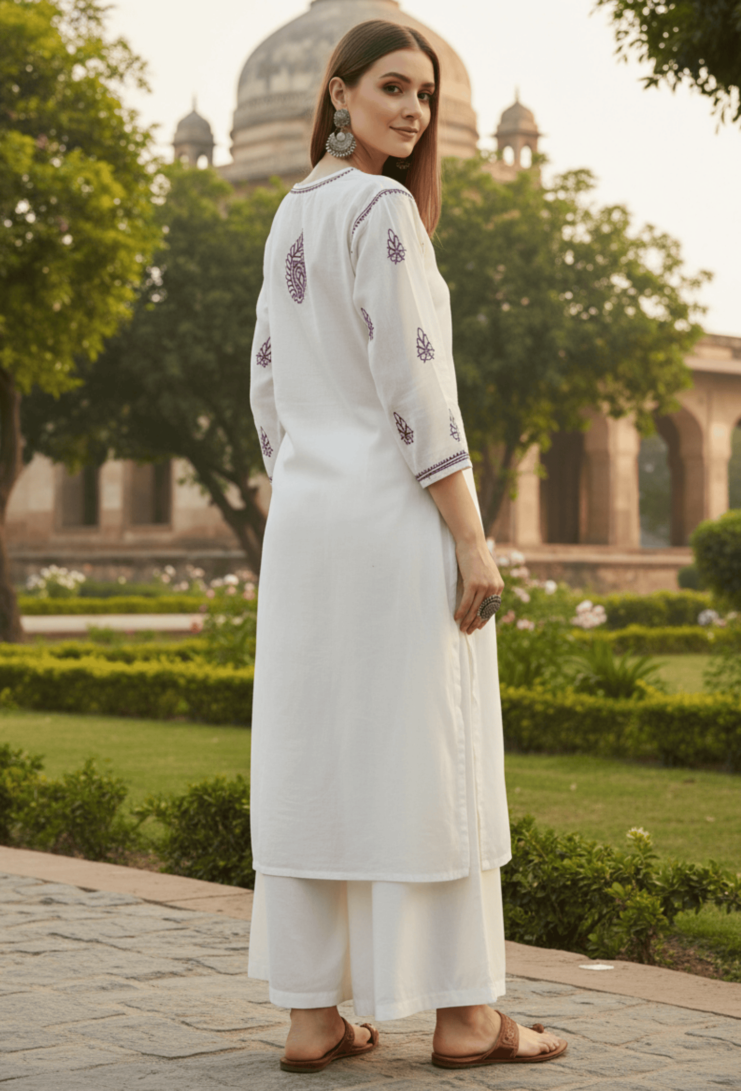 Maahi - White & Purple Hand Embroidered Cotton Chikankari - Kurta