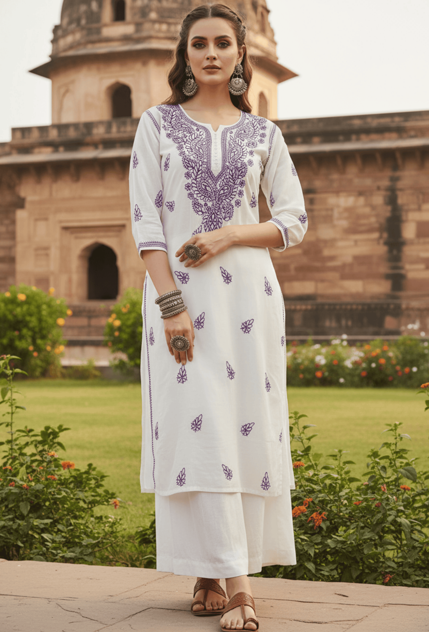 Maahi - White & Purple Hand Embroidered Cotton Chikankari - Kurta