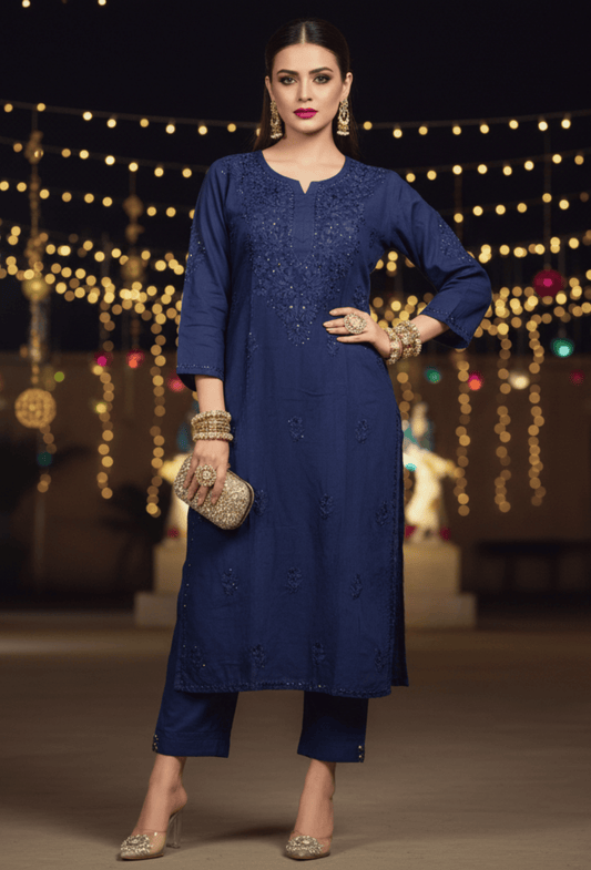 NAQSH Muslin Chikankari Gold Embroidered Women's Long Kurta - Deep Blue