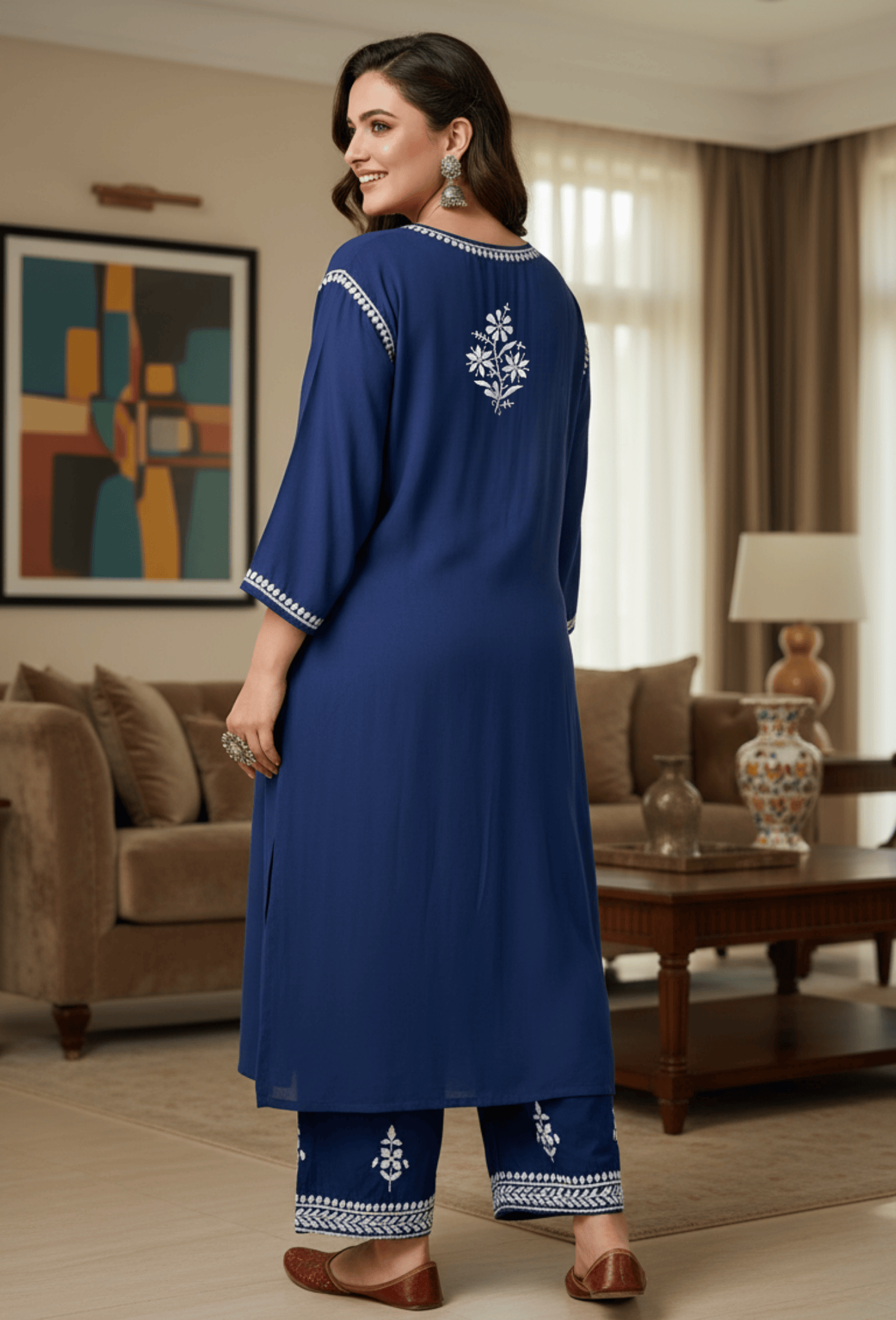 Plus Size - Navy Blue - Flowy Cotton Kurta & Palazzo Set