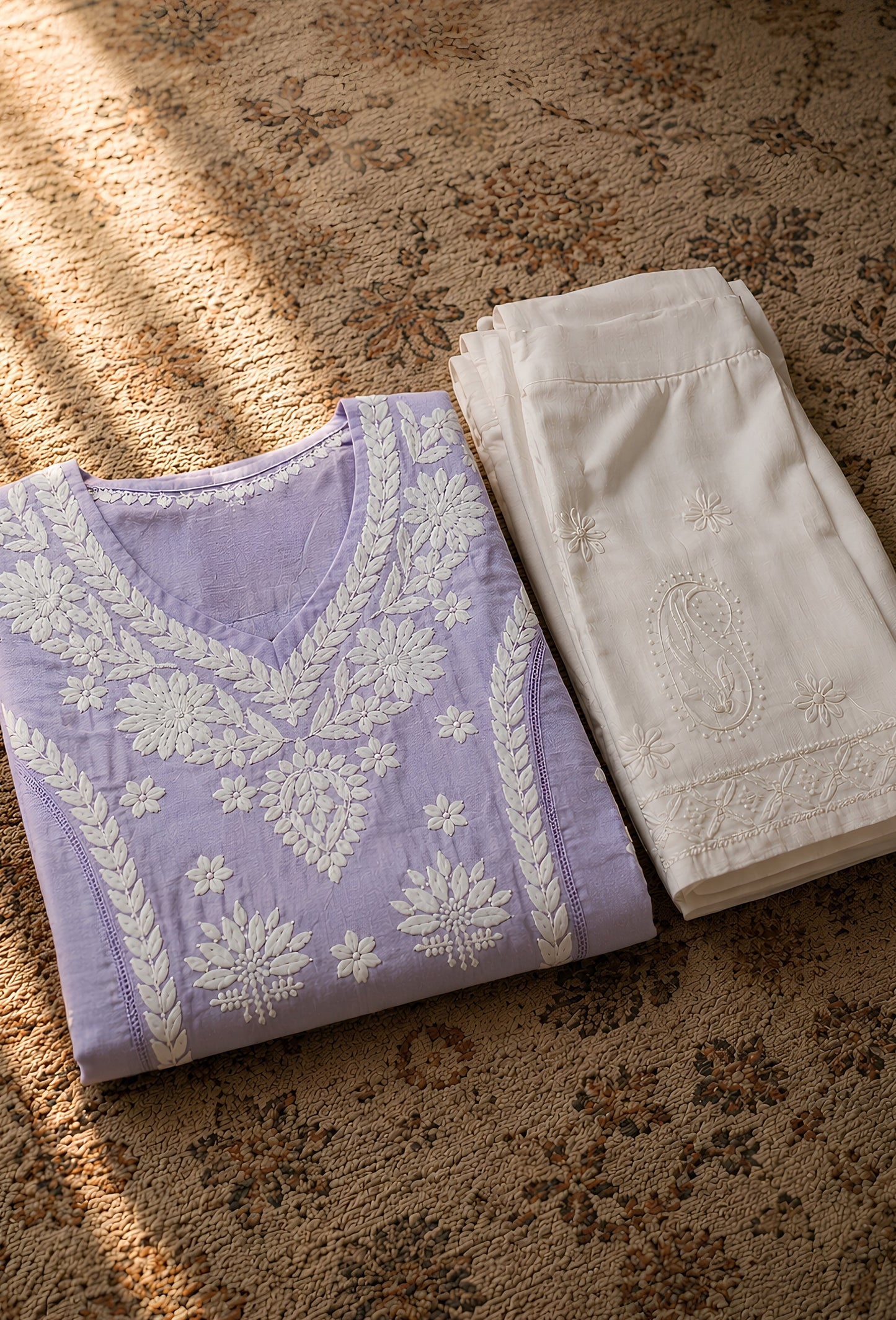 Chanderi Chikankari Hand Embroidered Kurta Trouser Set - Purple