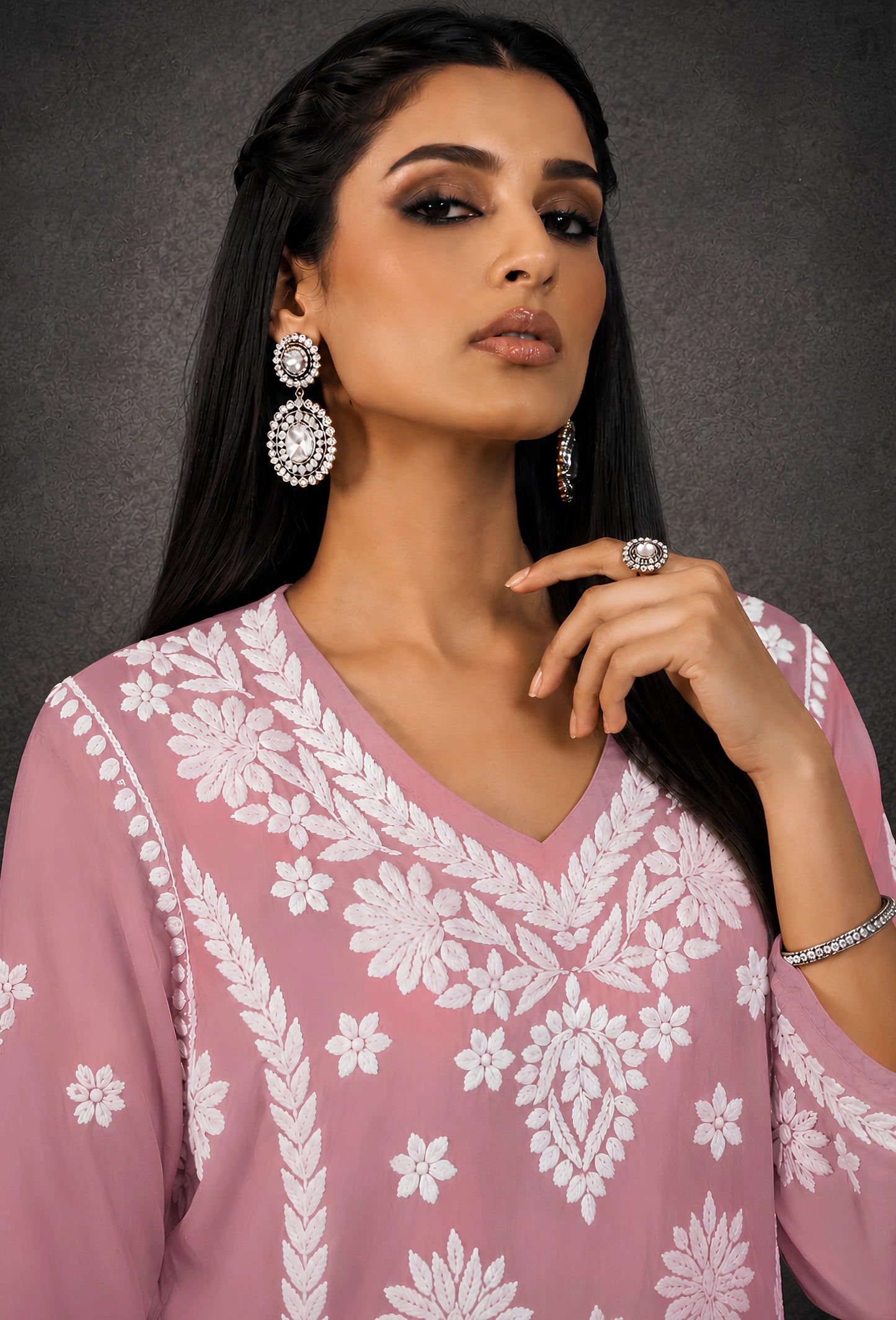 Chanderi Chikankari Hand Embroidered Kurta Trouser Set - Pink