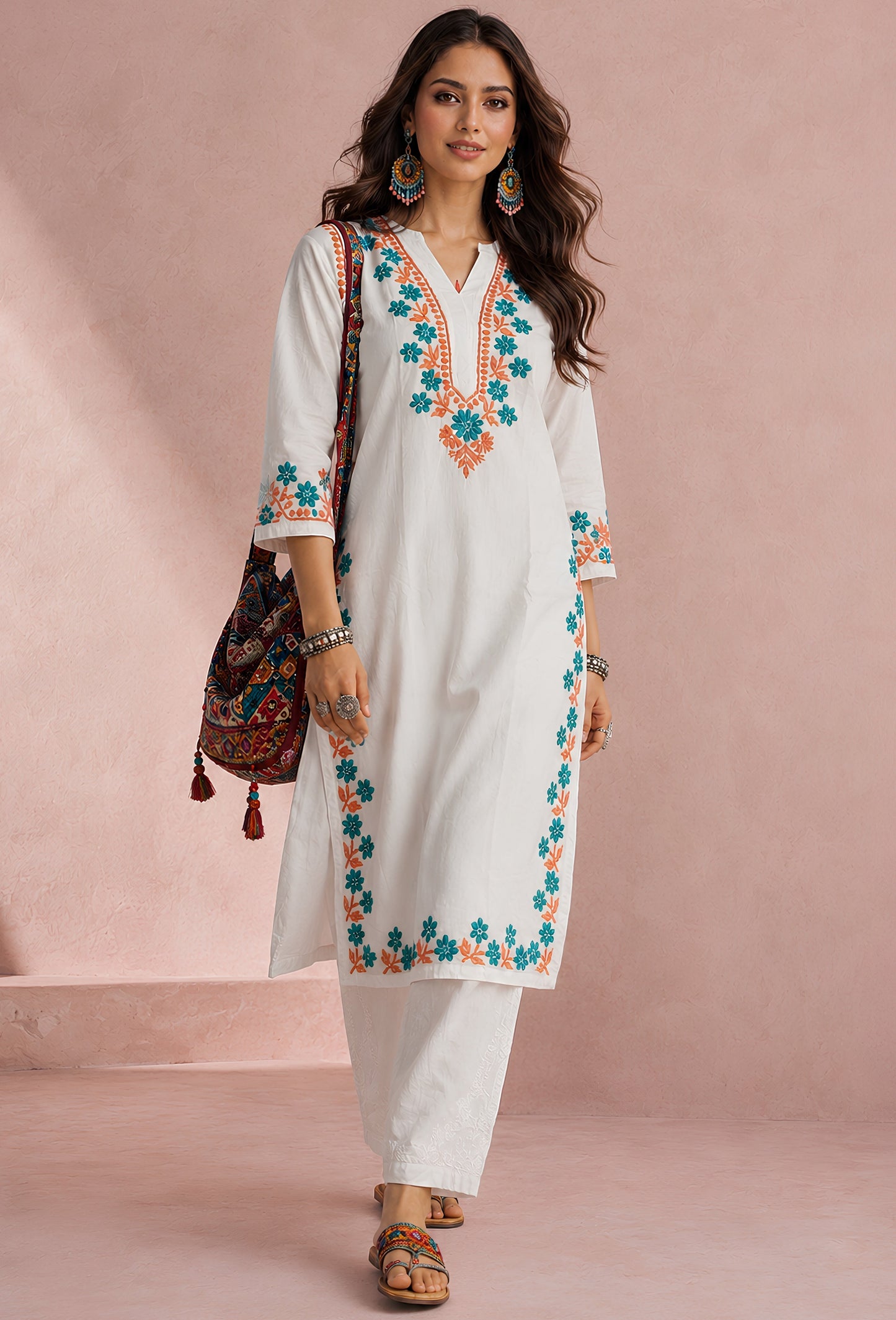 Chikankari Hand Embroidered Long Cotton Kurta
