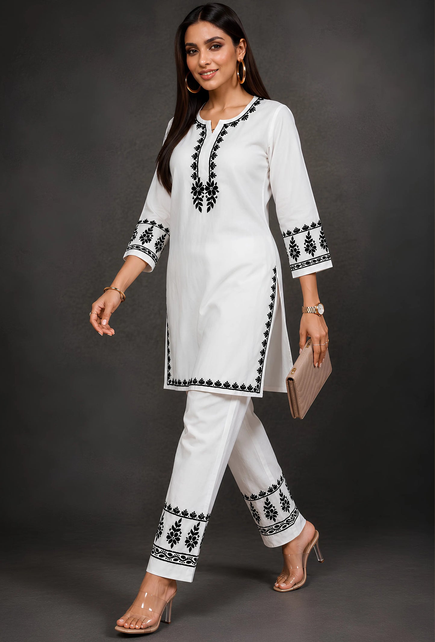 Handcrafted Chikankari Cotton Coord Set - White & Black