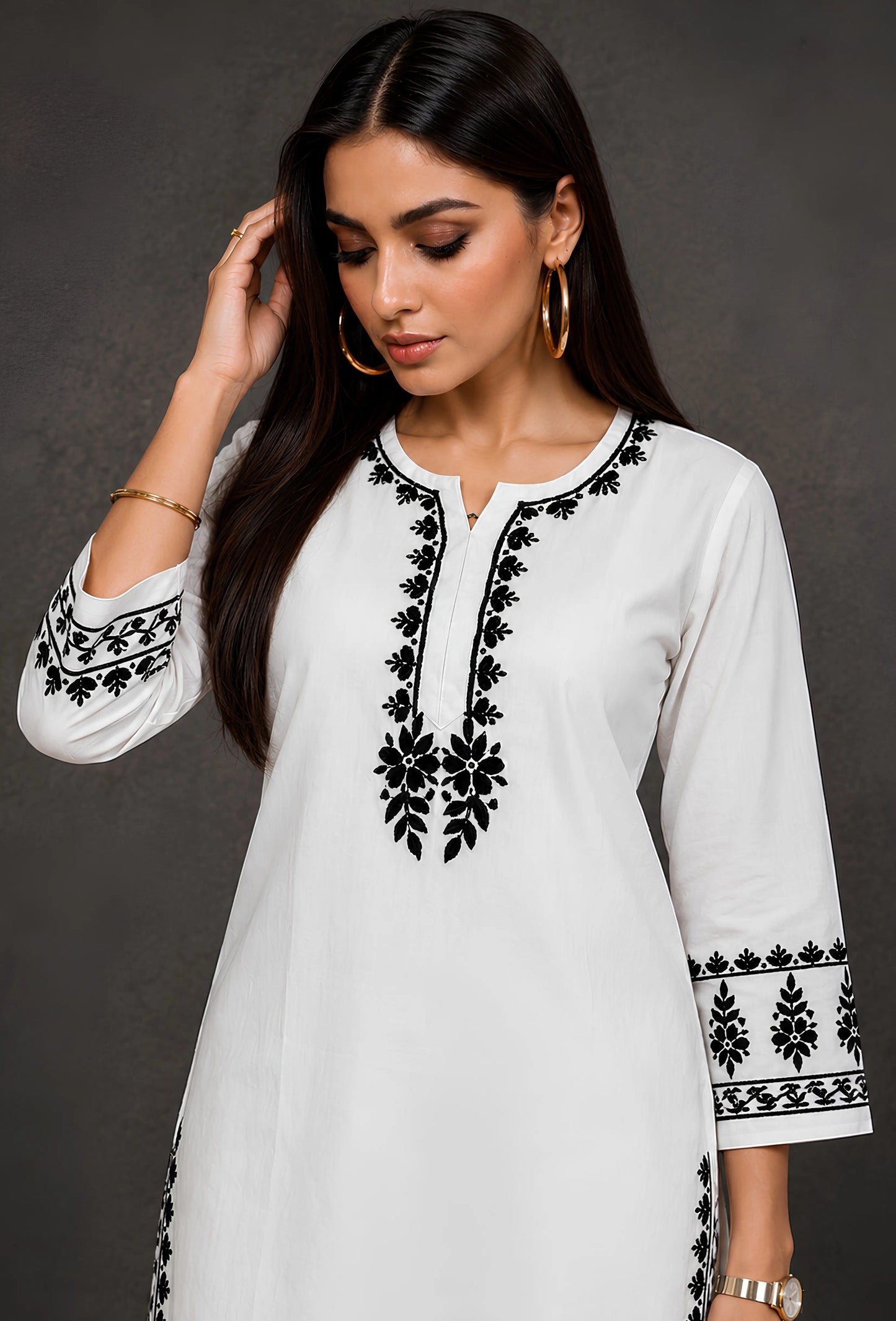 Handcrafted Chikankari Cotton Coord Set - White & Black