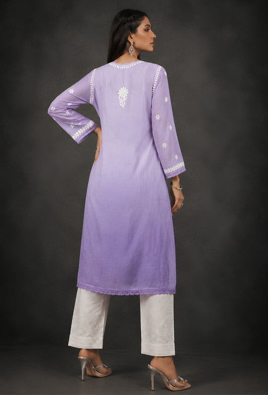 Chanderi Chikankari Hand Embroidered Kurta Trouser Set - Purple