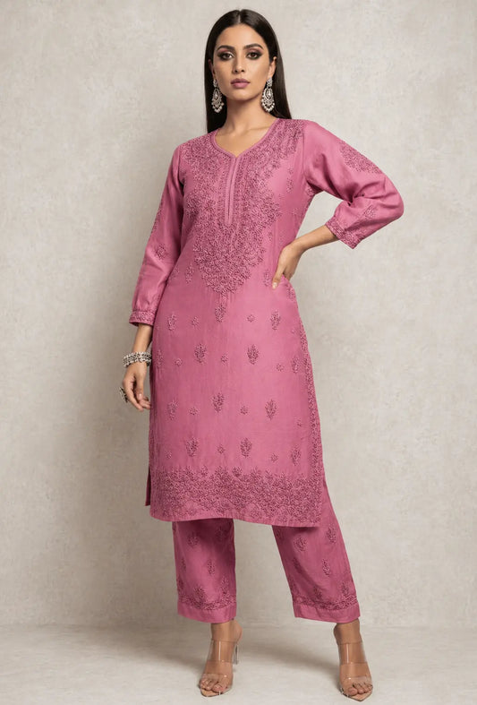 Chanderi Chikankari Hand Embroidered Kurta Set - Pink