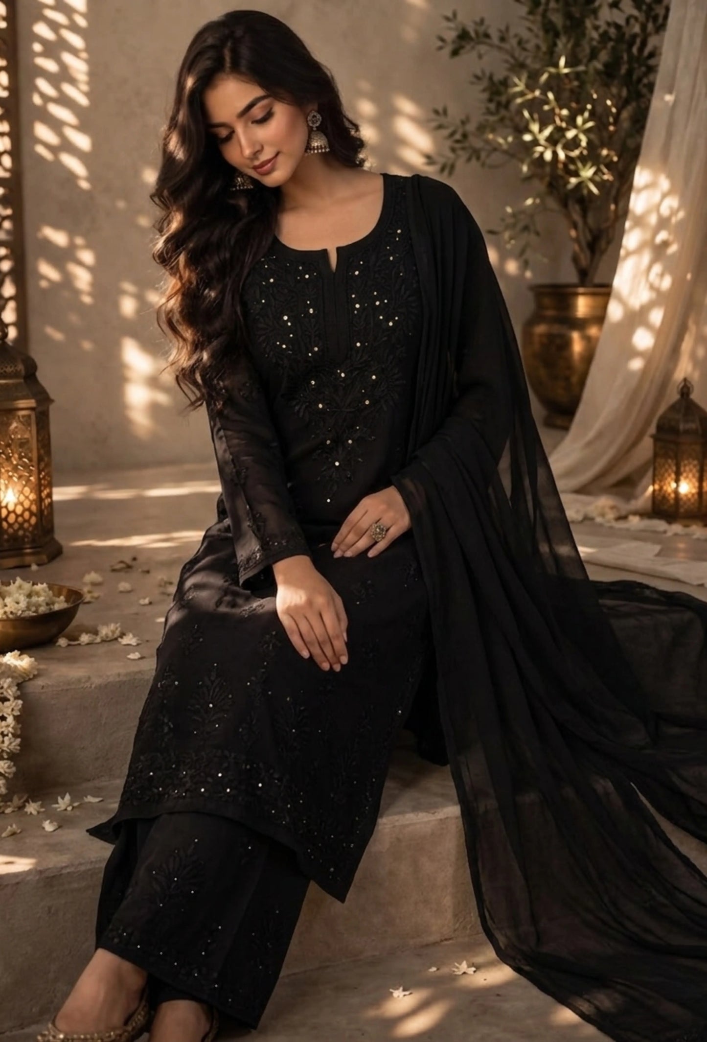 Kaamdani Chikankari Set – Hand Embroidered in Modal - Black