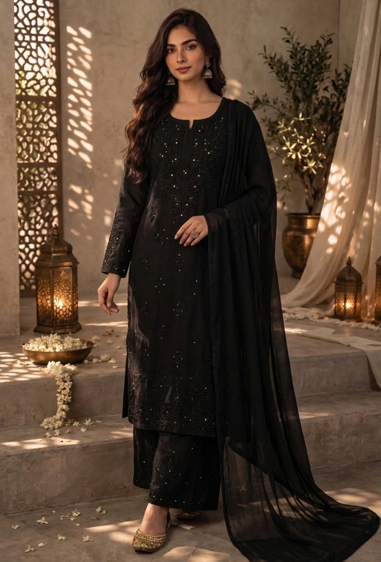 Kaamdani Chikankari Set – Hand Embroidered in Modal - Black