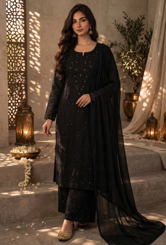Kaamdani Chikankari Set – Hand Embroidered in Modal - Black
