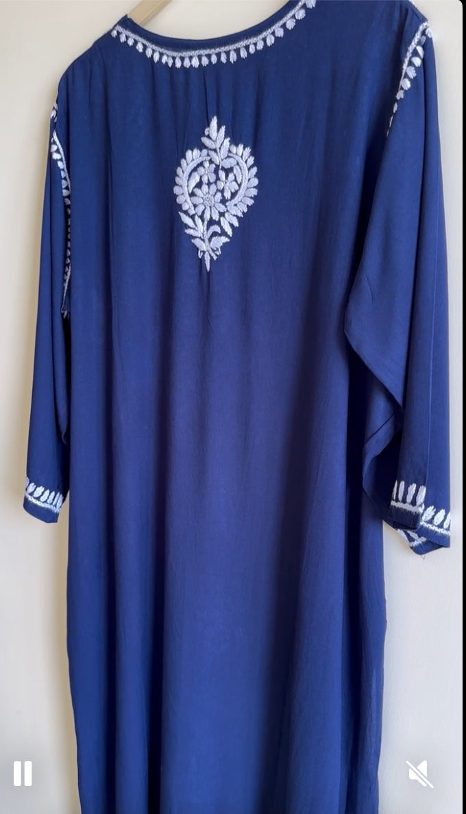 Plus Size - Navy Blue - Flowy Cotton Kurta & Palazzo Set