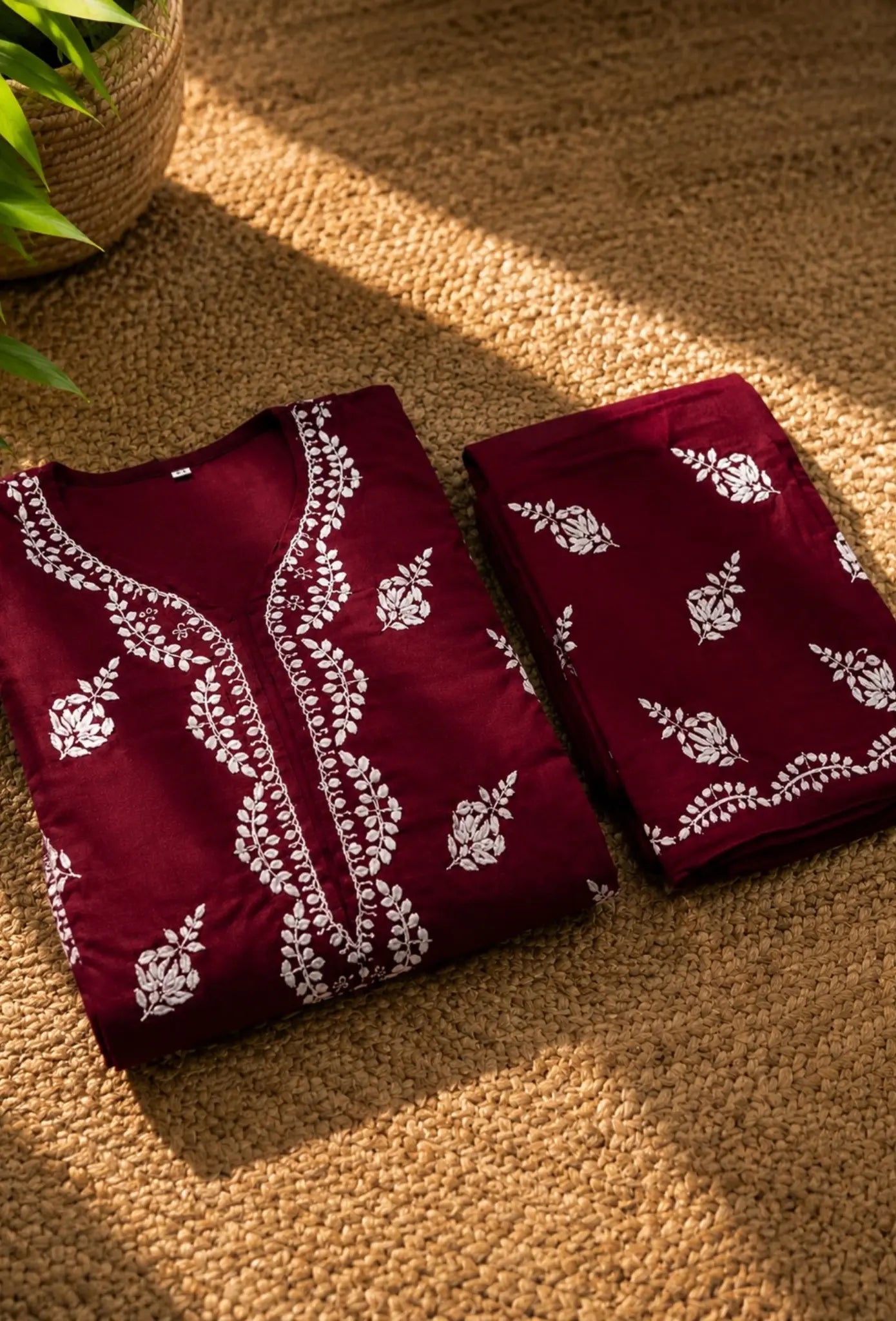 Naqsh Chikankari Hand Embroidered Kurta Trouser Set - Maroon