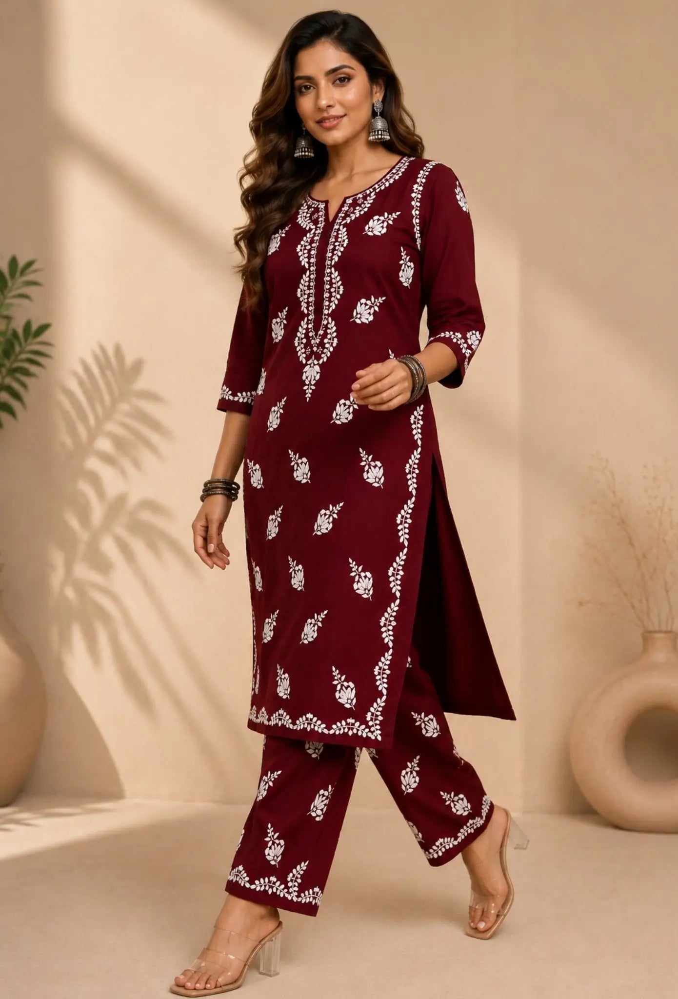 Naqsh Chikankari Hand Embroidered Kurta Trouser Set - Maroon