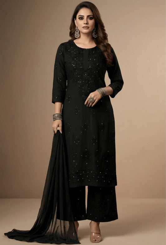 Kaamdani Chikankari Set – Hand Embroidered in Modal - Black