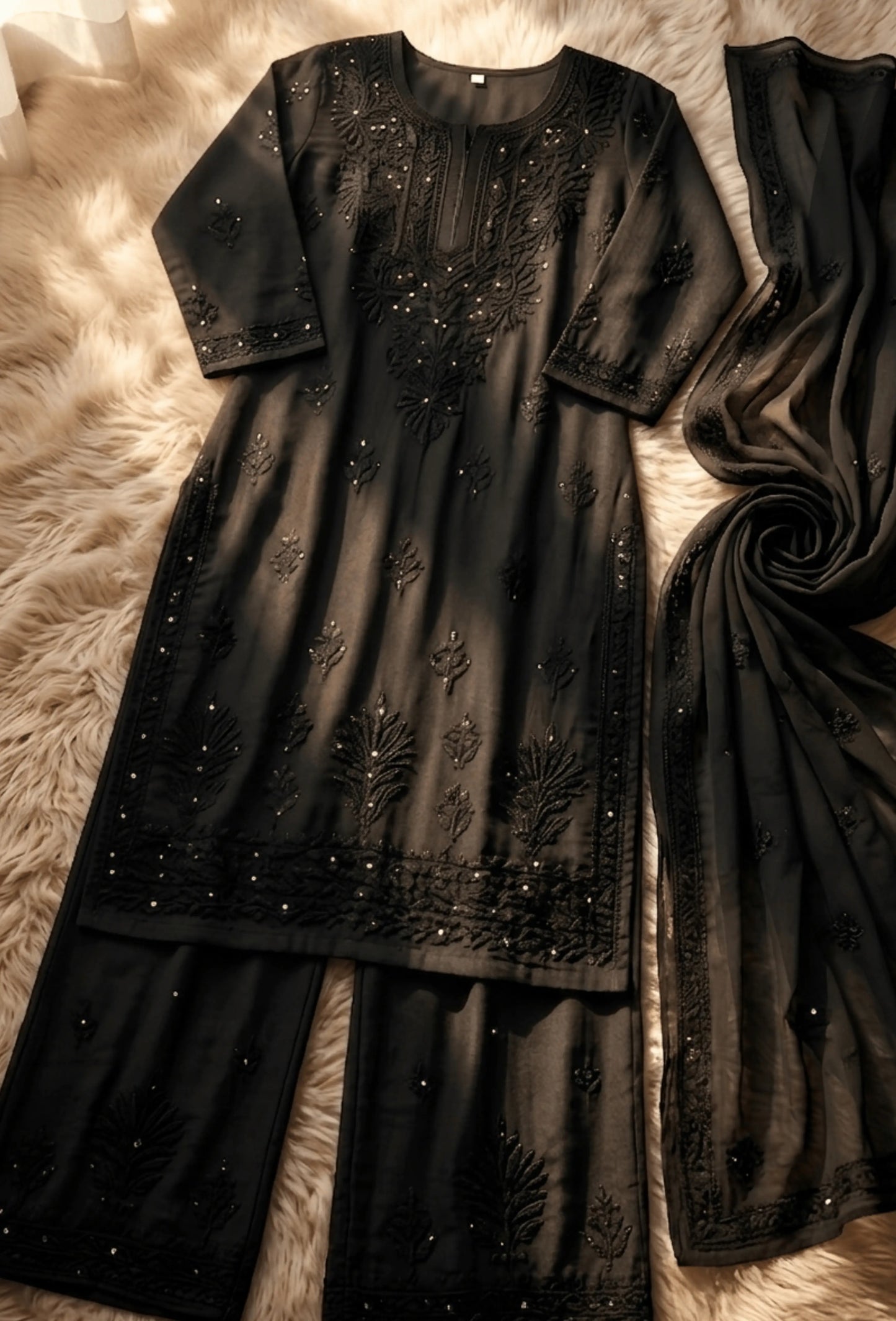 Kaamdani Chikankari Set – Hand Embroidered in Modal - Black