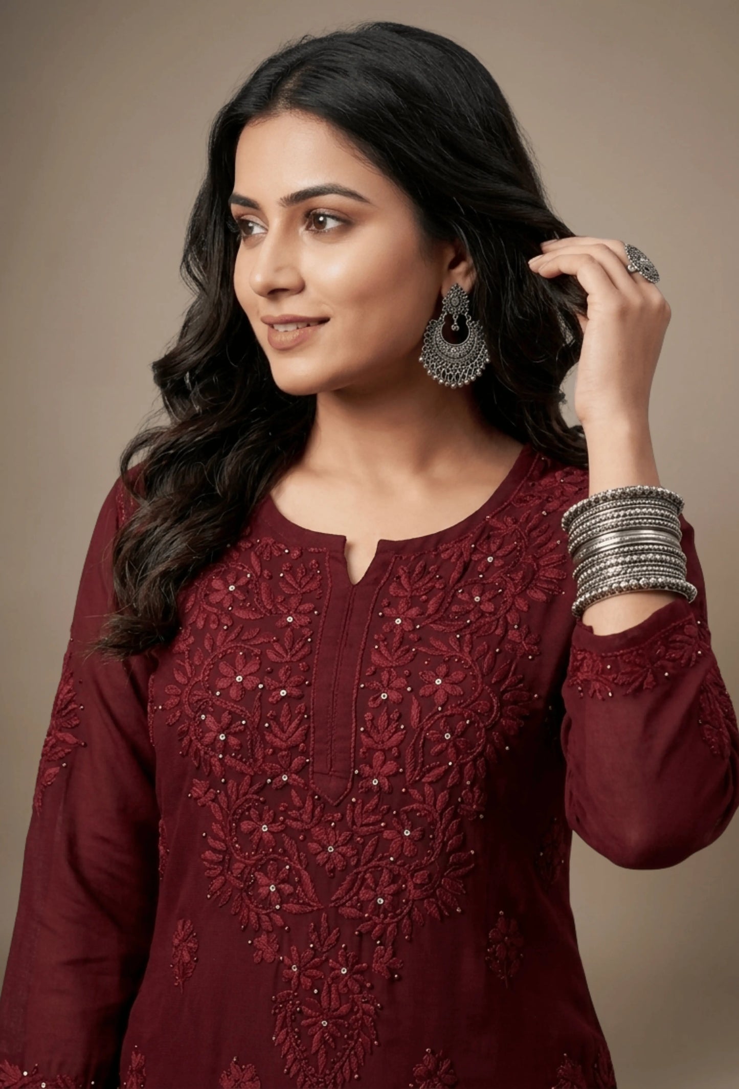 Kaamdani Chikankari Set – Hand Embroidered in Modal - Brown