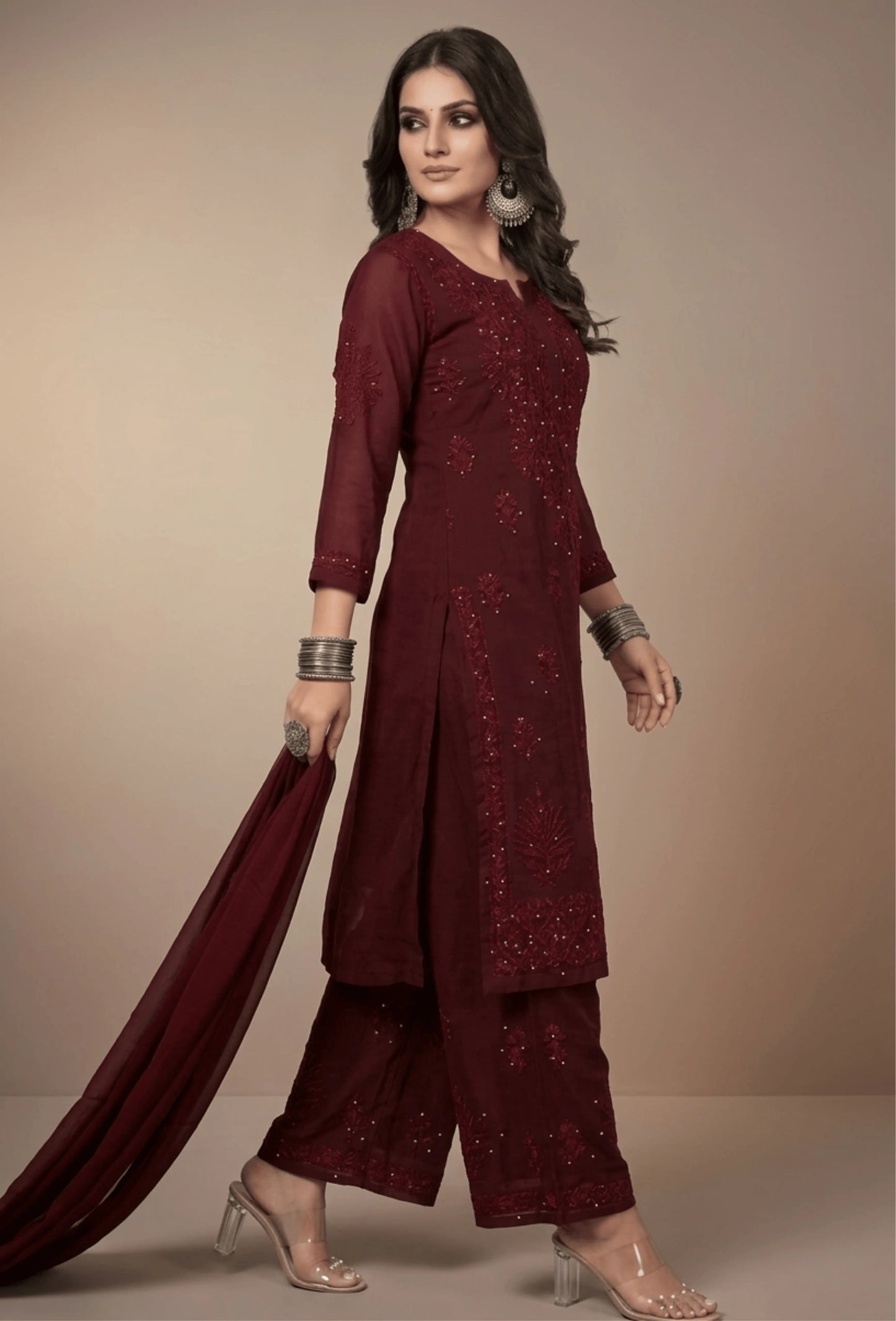 Kaamdani Chikankari Set – Hand Embroidered in Modal - Brown