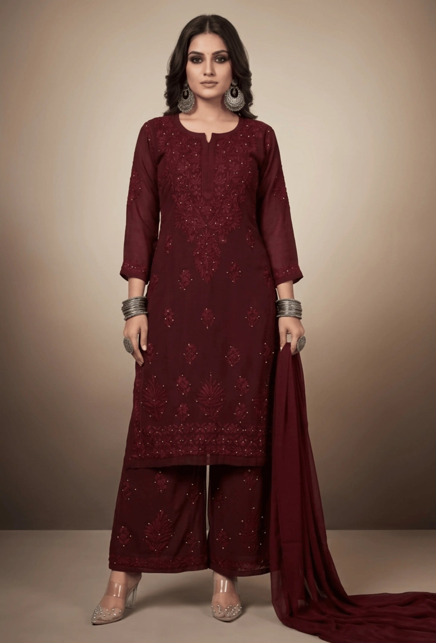 Kaamdani Chikankari Set – Hand Embroidered in Modal - Brown