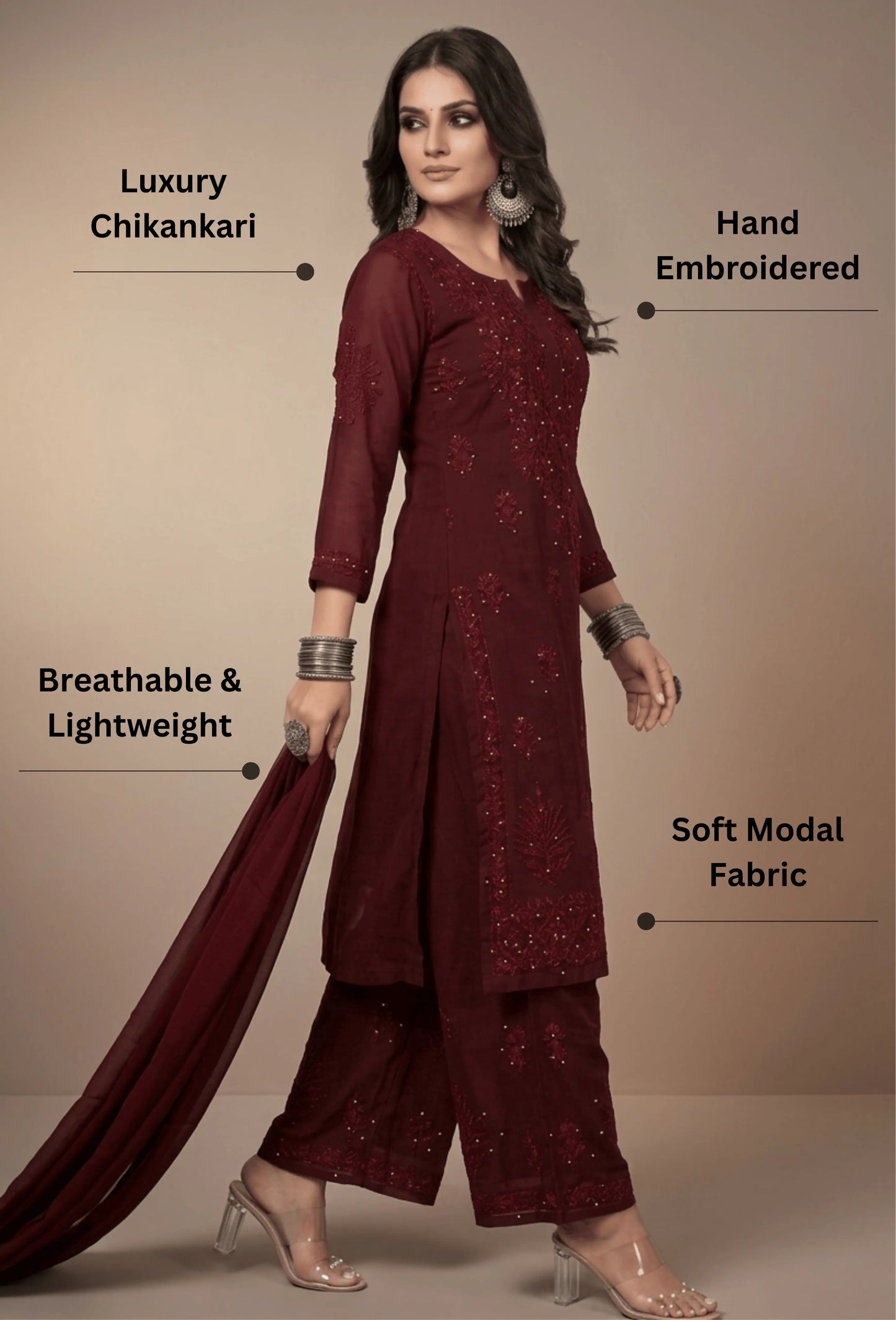 Kaamdani Chikankari Set – Hand Embroidered in Modal - Brown