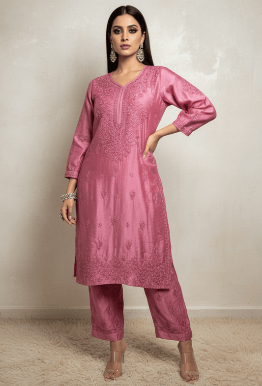 Chanderi Chikankari Hand Embroidered Kurta Set - Pink