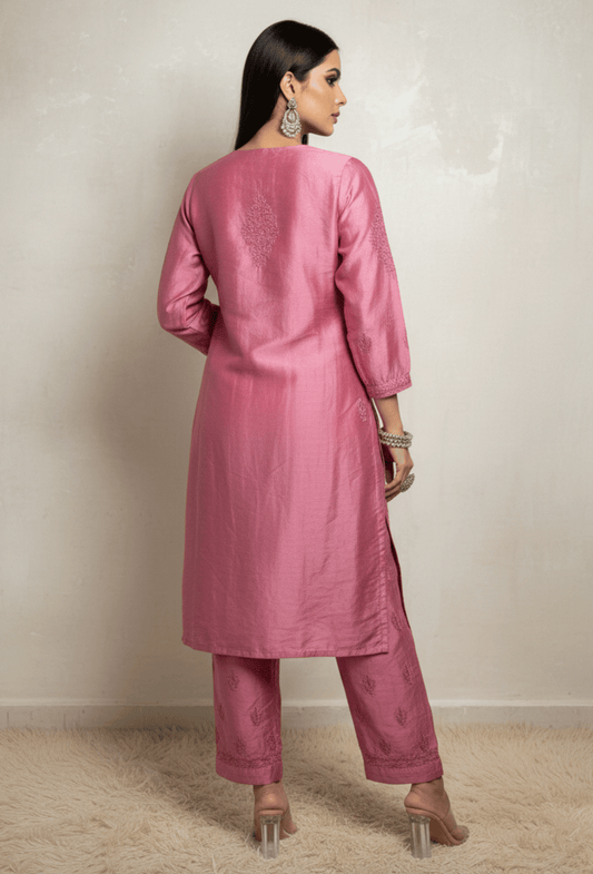 Chanderi Chikankari Hand Embroidered Kurta Set - Pink