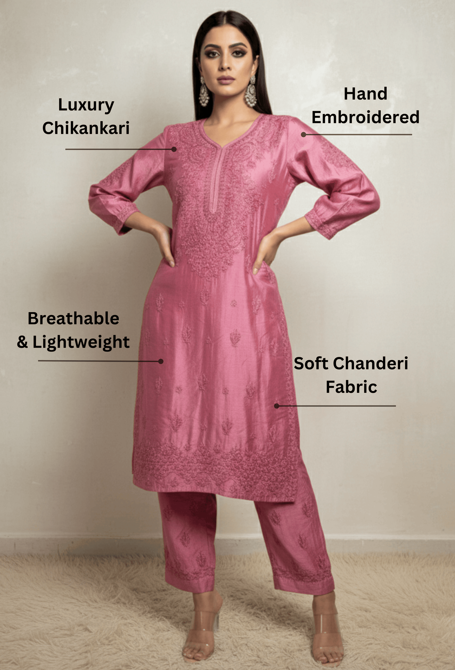 Chanderi Chikankari Hand Embroidered Kurta Set - Pink