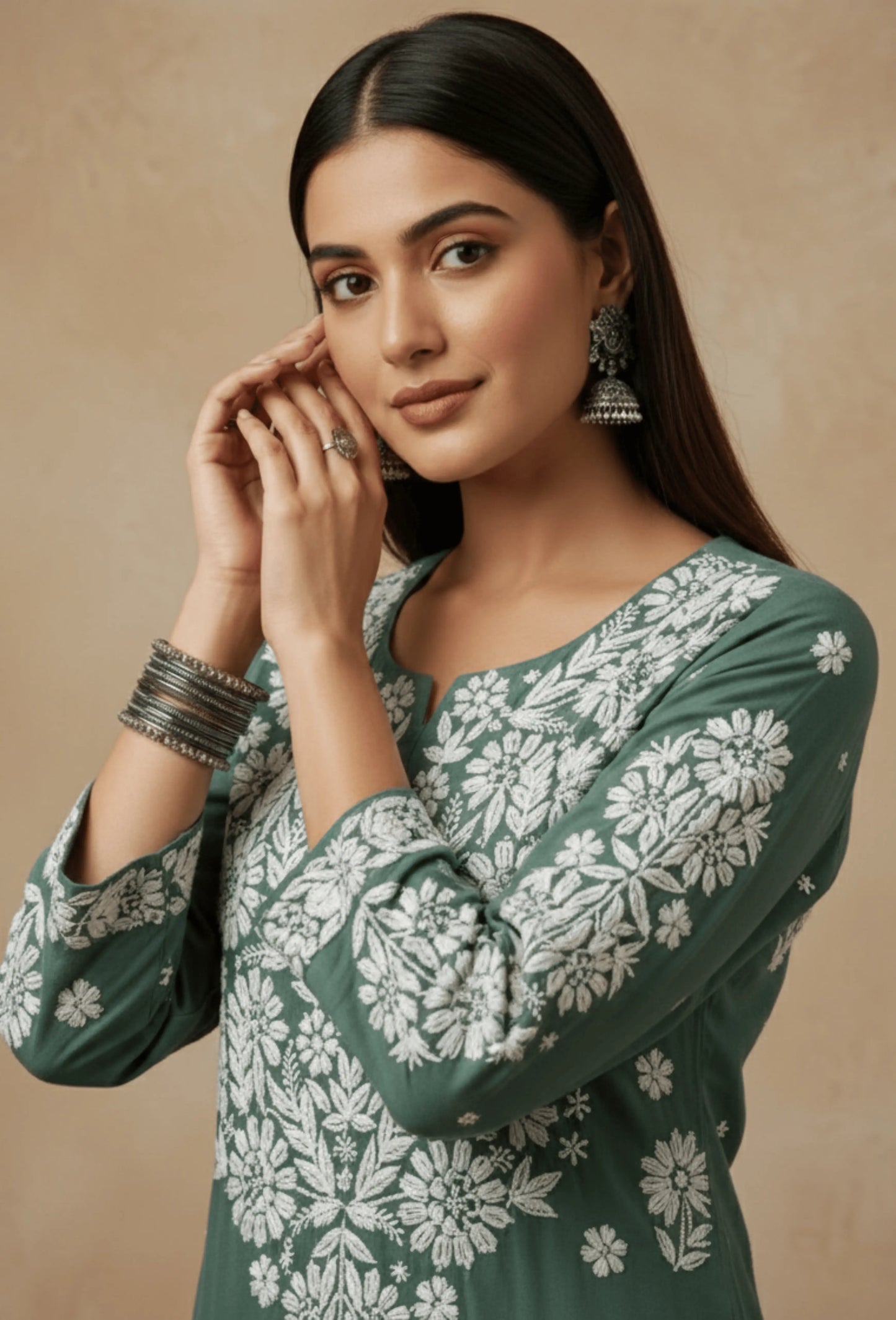 Modal Chikankari Hand Embroidered Kurta Set - Deep Sage Green
