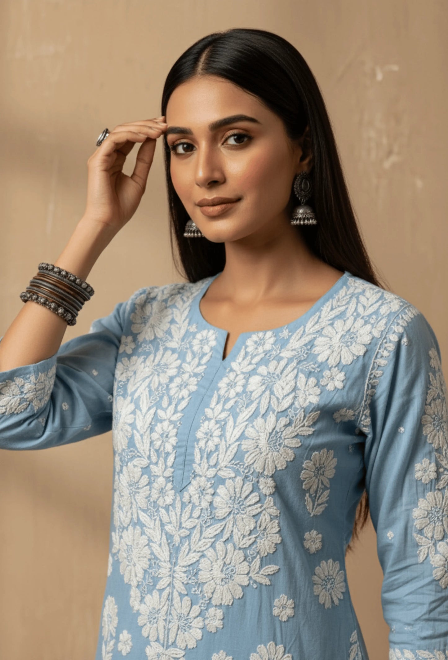 Modal Chikankari Hand Embroidered Kurta Set - Sky Blue