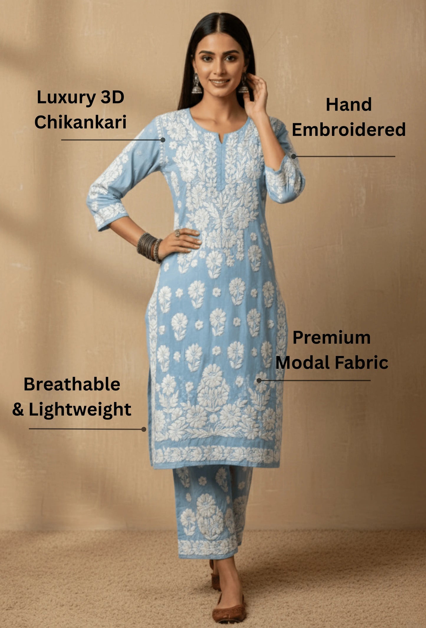 Modal Chikankari Hand Embroidered Kurta Set - Sky Blue