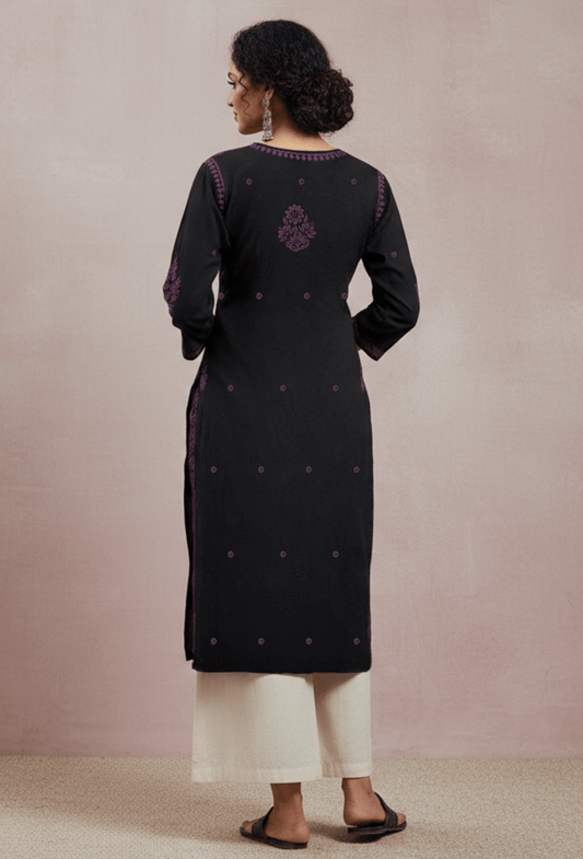 Flowy Cotton Chikankari Hand Embroidered Kurta - Black & Wine