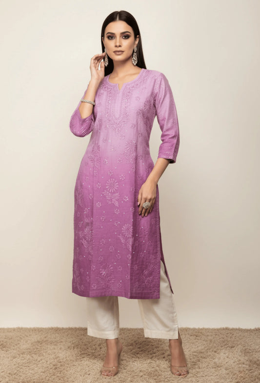 Chanderi Festive Chikankari Hand Embroidered Long Kurta - Purple