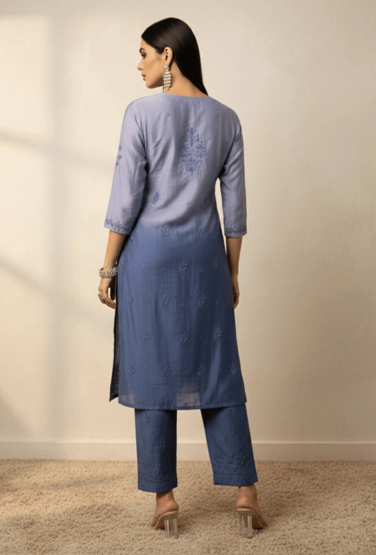 Chanderi Chikankari Hand Embroidered Kurta Set - Indigo