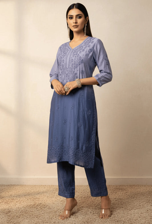 Chanderi Chikankari Hand Embroidered Kurta Set - Indigo