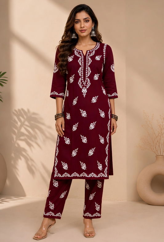 Naqsh Chikankari Hand Embroidered Kurta Trouser Set - Maroon